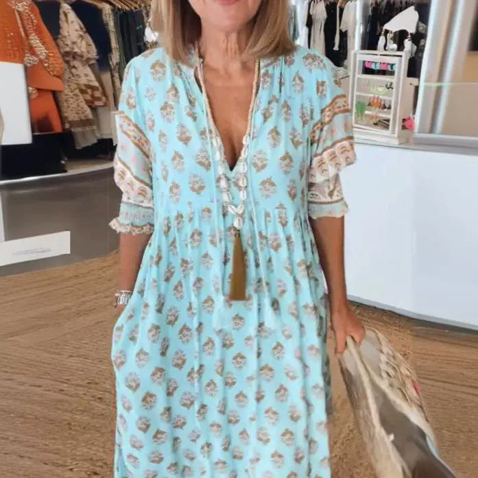 Robe Boho Plage – Manches Lanternes et Imprimé Estival