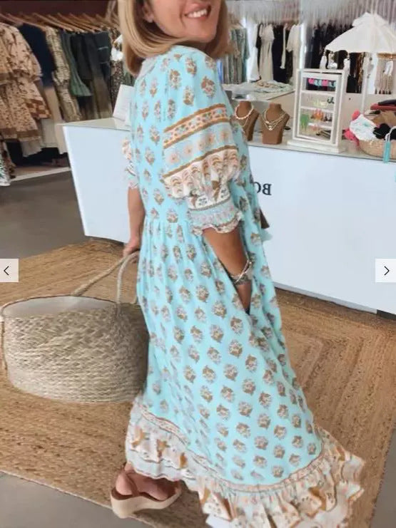 Robe Boho Plage – Manches Lanternes et Imprimé Estival