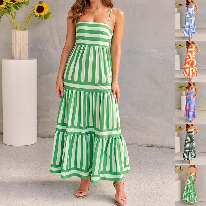 Robe Longue d'Été à Rayures avec Bretelles – Col Carré, Dos Nu, et Poches