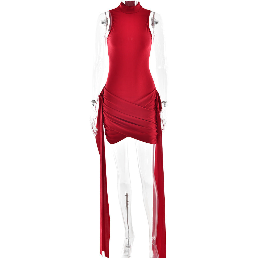 Robe Moulante Courte Sans Manches – Fente Latérale & Détail à Nouer