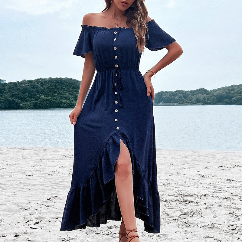 Robe Femme Fashion - Épaules Dénudées & Manches Volantées Irrégulières