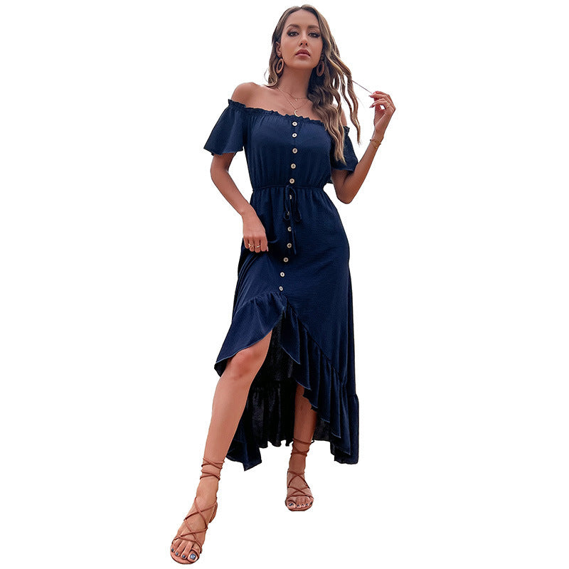 Robe Femme Fashion - Épaules Dénudées & Manches Volantées Irrégulières