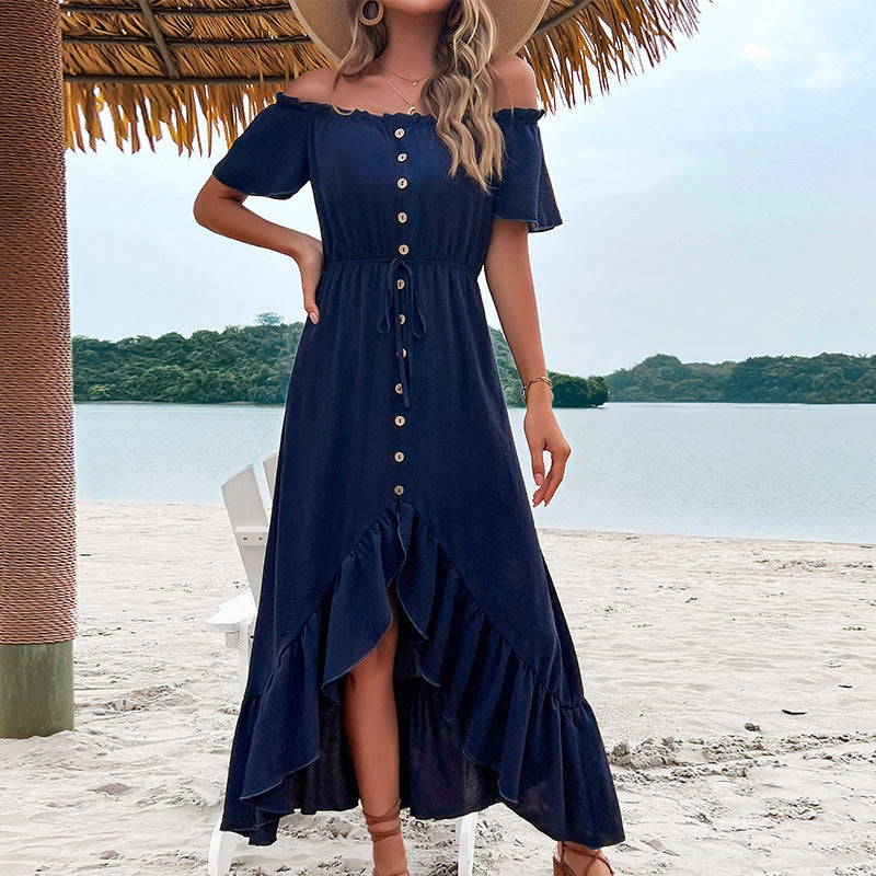 Robe Femme Fashion - Épaules Dénudées & Manches Volantées Irrégulières