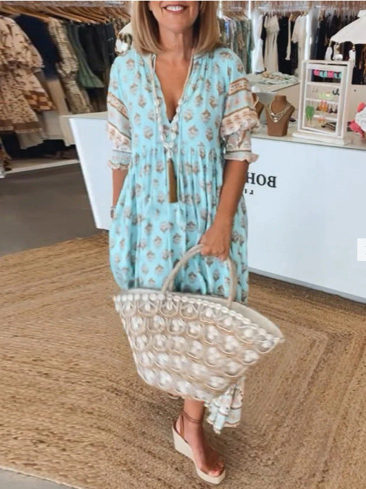 Robe Boho Plage – Manches Lanternes et Imprimé Estival