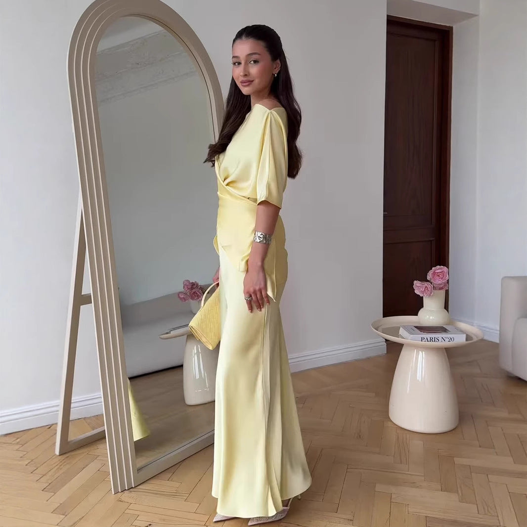 Ensemble Haut Noué à Manches Courtes et Robe Mi-longue