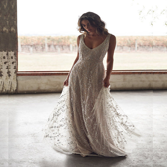 Robe Longue à Col V Effet Bronzing