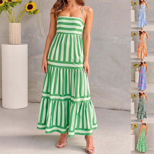 Robe Longue d'Été à Rayures avec Bretelles – Col Carré, Dos Nu, et Poches