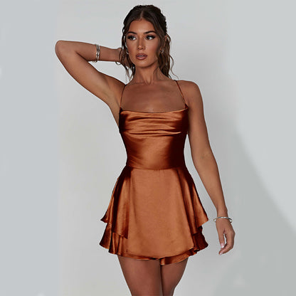 Robe Courte Satinée Femme à Bretelles – Dos Nu & Lacée