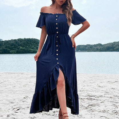 Robe Femme Fashion - Épaules Dénudées & Manches Volantées Irrégulières